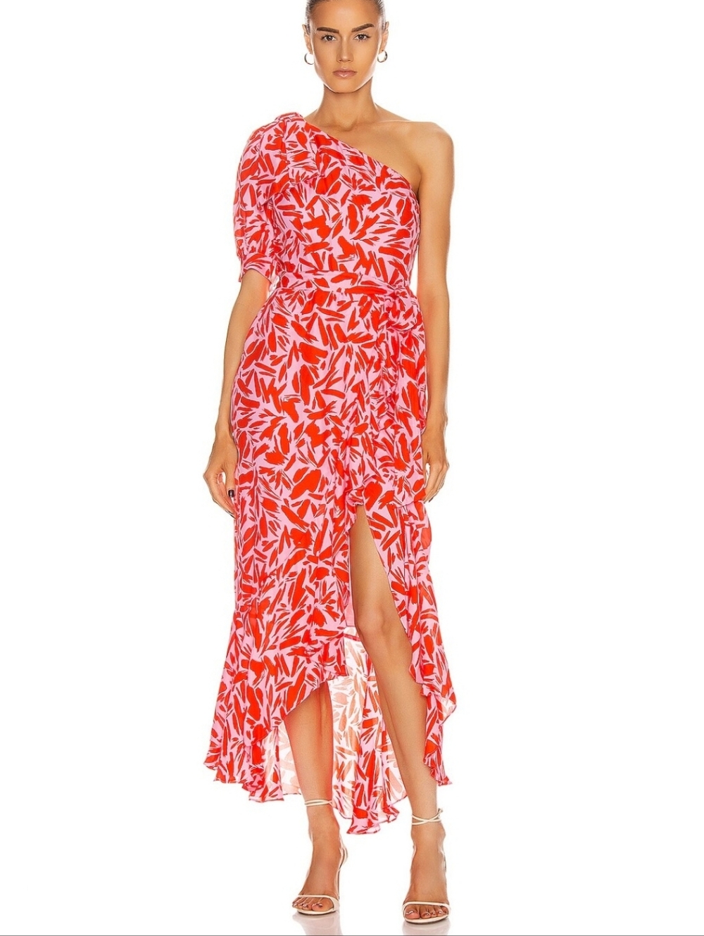 Veronica Beard One-Shoulder Red and Pink Printed Ruffle Dress